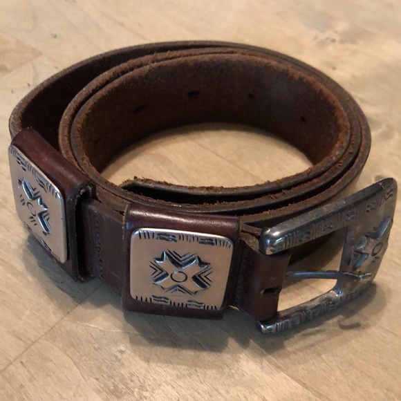 Vintage Italian Leather Belt Size Medium Brown Silver Hardware Southwest Design - Picture 16 of 16